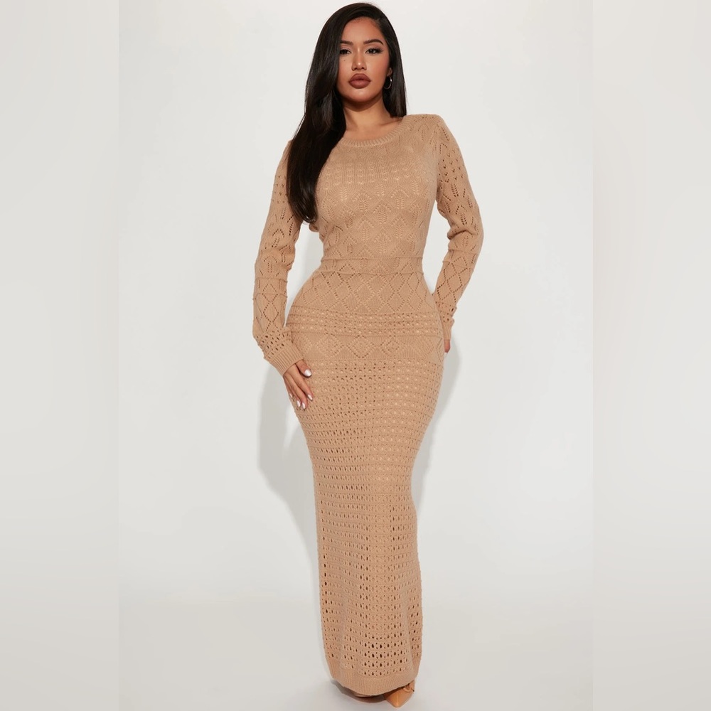Fashion Nova Resort Paradise Crochet Maxi Dress Taupe Size Small
